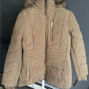 Tan Quilted Puffer Jacket with Fur Trim